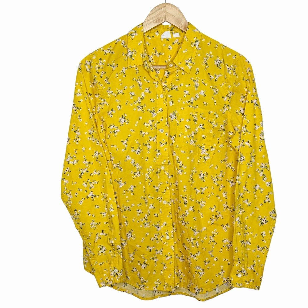 Gap Yellow Floral Button Up Shirt Womens M Granola Cottage Preppy Nature Cotton